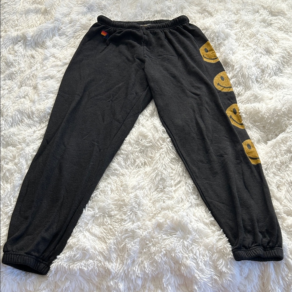 Aviator Nation Black Joggers with Gold Smiley Accents